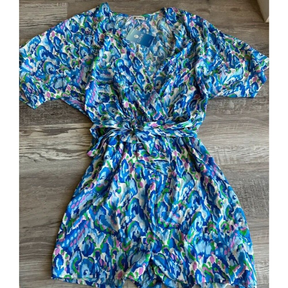Cupshe Abstract Print Drawstring Romper Size M Blue Green Pink
